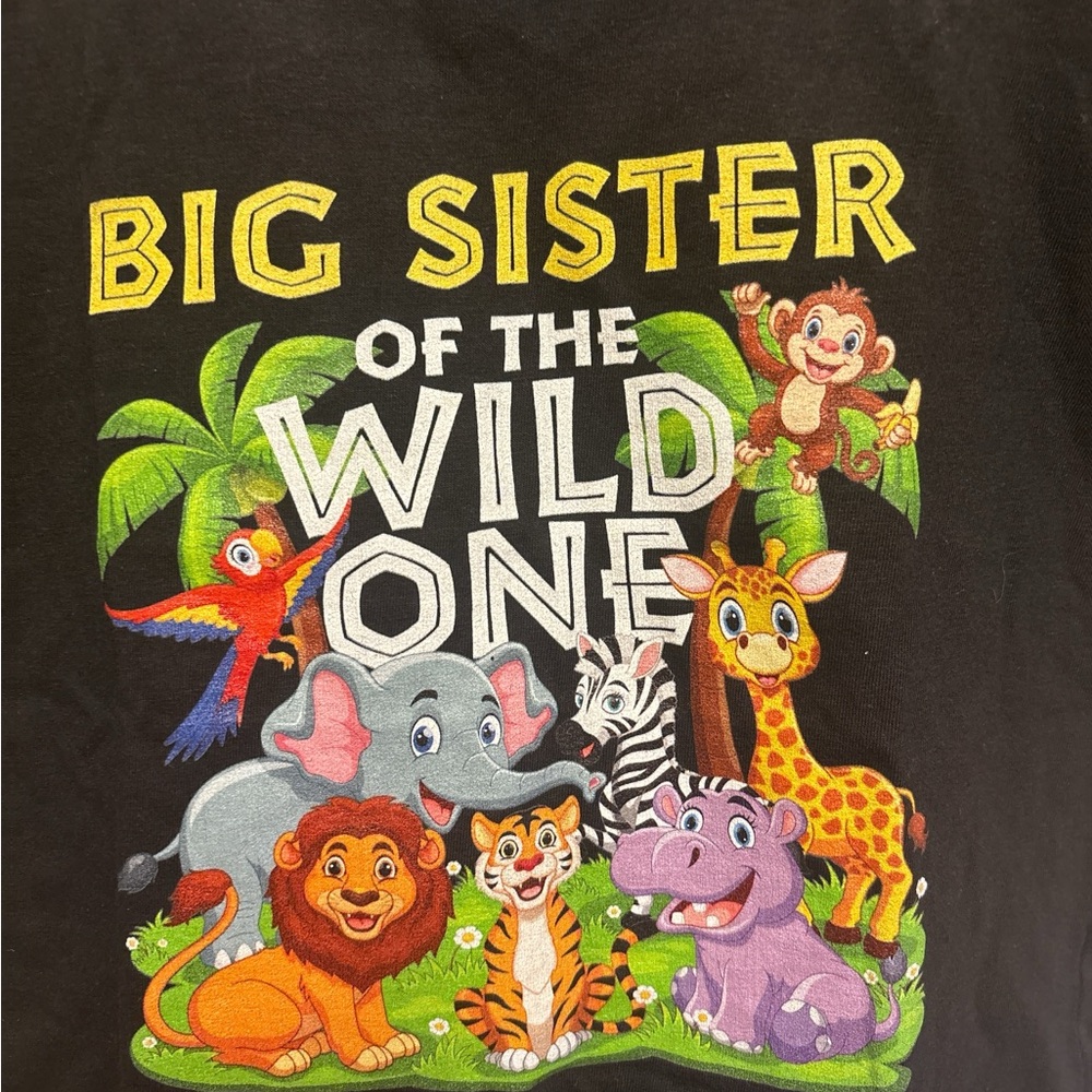 Black Short Sleeve Tee w/ Big Sister to the Wild One Jungle Animal Design